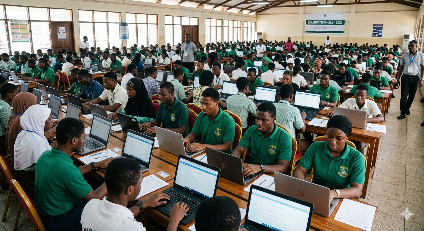 Students taking a computer-based examination in a large hall